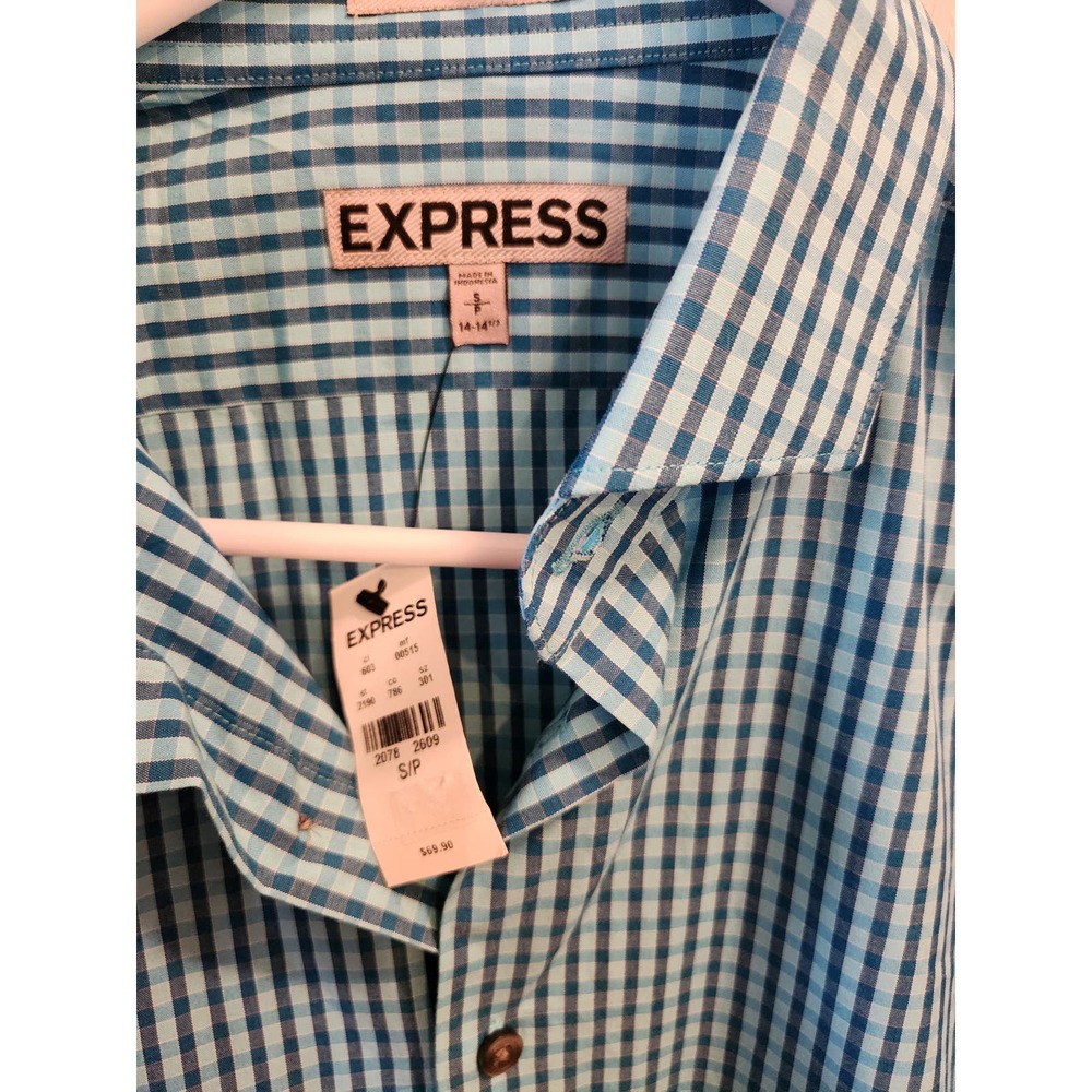 Express Mens Shirt Fitted Gingham Plaid Pattern Color Blue Size Small
